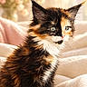 kitten, cat, calico, long_hair, fluffy, fur, whiskers, blue_eyes, green_eyes, ears, portrait, indoors, blanket, bed, cozy, warm_lighting, window, flowers, cute, animal