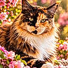 blossoms, bokeh, calico_cat, cat, closeup, feline, fluffy, fur, garden, green_eyes, longhaired, nature, outdoors, paws, pink_flowers, portrait, pretty, spring, sunlight, whiskers