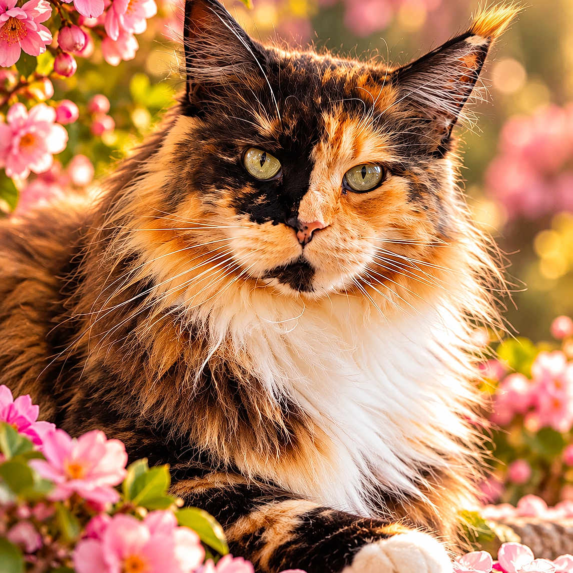 Opale Du Palais Des Maines participe au concours pour gagner de l'argent avec cette photo : cat, calico_cat, longhaired, fluffy, feline, portrait, closeup, whiskers, green_eyes, pink_flowers, blossoms, spring, garden, outdoors, sunlight, bokeh, nature, fur, paws, pretty