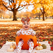 Riley is registered to the contest to win money with this photo: baby, pumpkin, autumn, fall_leaves, outdoor, child, smiling, cute, playful, seasonal, orange, blanket, gourd, nature, park, headwear, happy, sitting, festive, costume