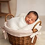 adorable, baby, basket, blanket, child, cozy, cute, decorative, fabric, indoor, infant, newborn, peaceful, portrait, resting, sleeping, soft, warm, wicker, wrapped