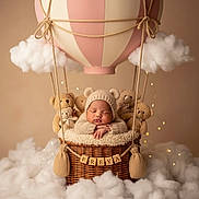 Freya joined the competition — help win amazing prizes! baby, sleeping, knitted_hat, bear_ears, teddy_bears, hot_air_balloon, basket, clouds, soft_lighting, cozy, cute, infant, portrait, props, decorative_lights, woven_basket, child, newborn, studio_photo, neutral_background