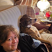 Daisy is registered to the contest to win money with this photo: person, woman, face, dog, brindle_dog, couch, pillow, blanket, lamp, glass_lamp, nightstand, papers, cozy, relaxed, sitting, living_room, smile, upholstery, home_interior, bedside_table