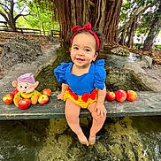 Yailee joined the competition — help win amazing prizes! toddler, child, smiling, blue_dress, red_headband, apples, plush_toy, water, tree_roots, outdoor, nature, bench, park, happy, feet_in_water, costume, playful, cute, daylight, greenery