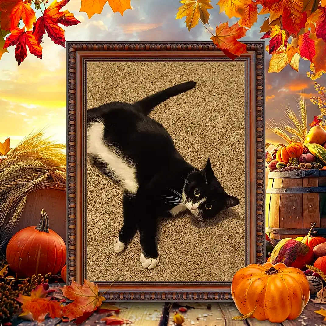 Sylvester joined the competition — help win amazing prizes! cat, black_and_white_cat, carpet, picture_frame, pumpkin, autumn_leaves, fall_season, harvest, barrel, rustic, decor, indoor, animal, pet, feline, orange, brown, yellow, nature, seasonal