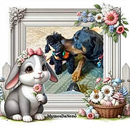 Bear joined the competition — help win amazing prizes! animal, basket, black_dog, carpet, cartoon_bunny, curly_fur, cute, decorative_frame, doberman, dog, floor, flower_crown, flowers, friendship, indoor, pet, pink_bow, playful, puppy, soft_lighting