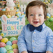 Lynnex joined the competition — help win amazing prizes! baby, basket, blue_shirt, bow_tie, boy, celebration, child, colorful, decorations, easter_bunny, easter_eggs, festive, flowers, grass, happy, holiday, indoors, portrait, sign, smiling