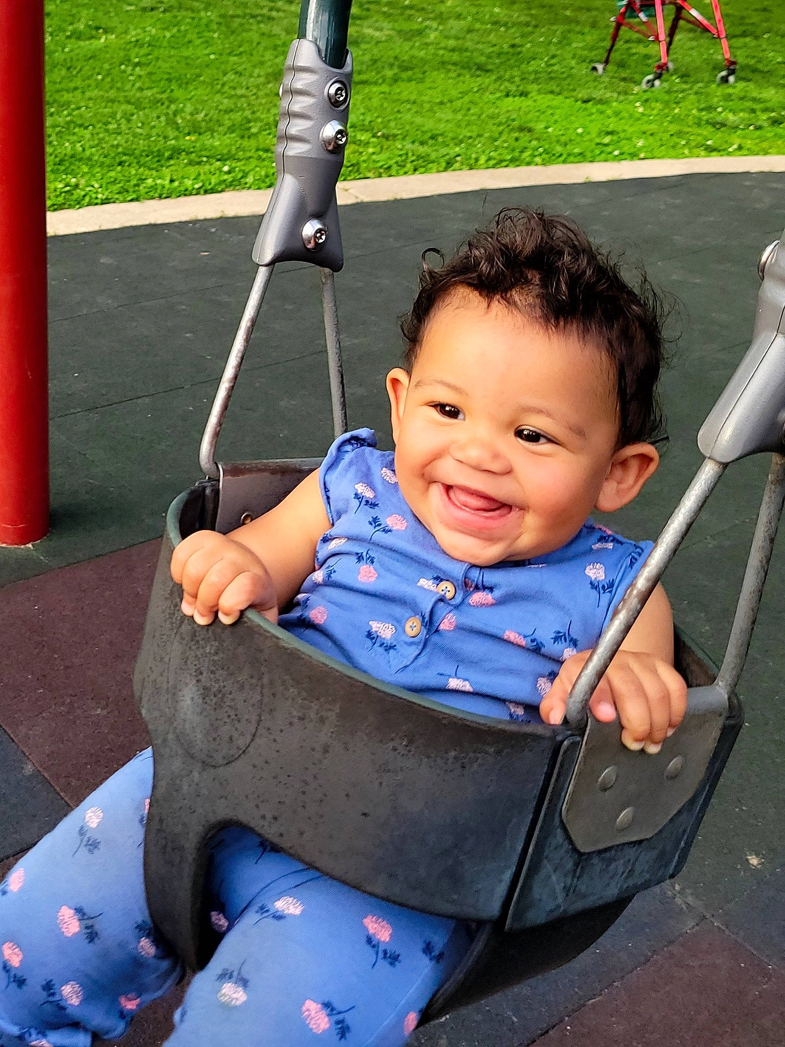 Mazikeen joined the competition — help win amazing prizes! baby, baby_toddler_clothing, blue, cheek, eye, fun, grass, green, happy, joy, leg, leisure, person, photograph, product, recreation, red, skin, smile, swing