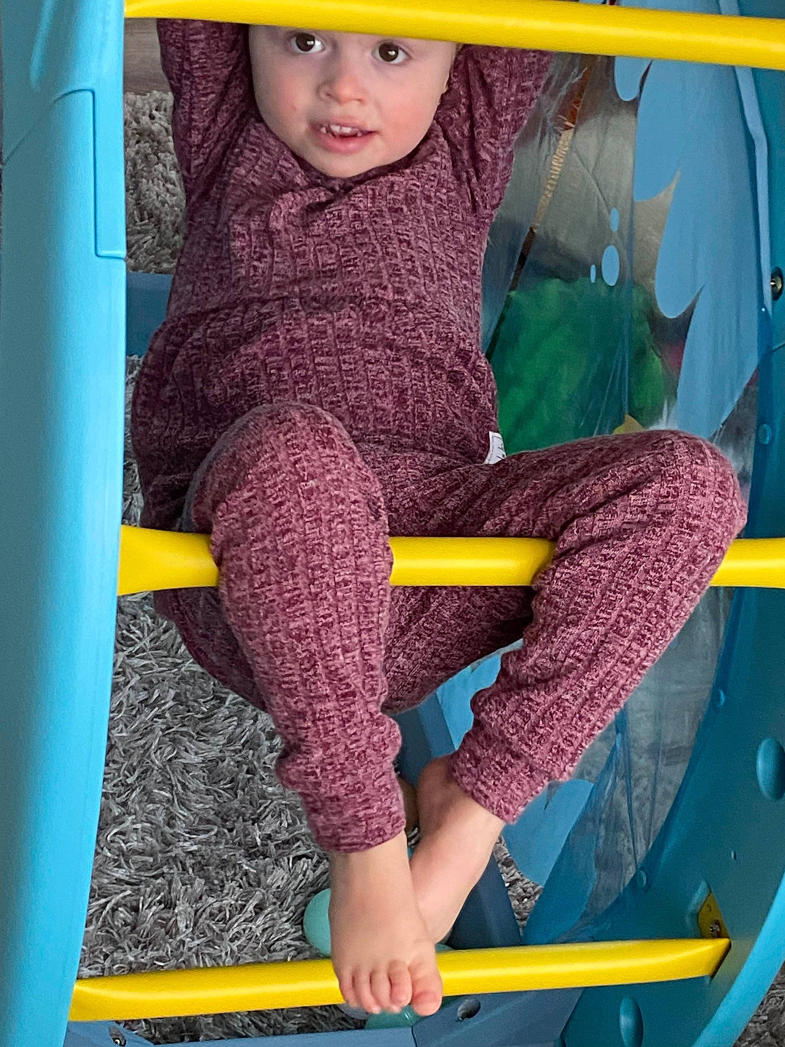 Jasmine is registered to the contest to win money with this photo: baby_toddler_clothing, blue, child, electric_blue, fun, headwear, human_leg, knee, leisure, magenta, person, play, product, purple, sitting, snapshot, thigh, toddler, toy, vehicle_door