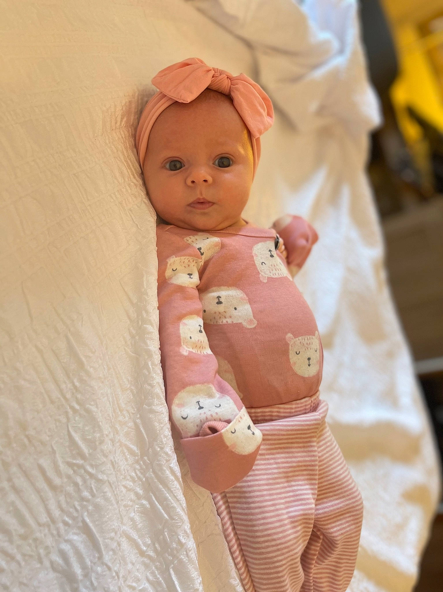 Kinley joined the competition — help win amazing prizes! baby, baby_products, baby_sleeping, baby_toddler_clothing, bedding, button, cap, cheek, comfort, doll, fashion_design, hand, linens, nail, pattern, peach, person, sleeve, stuffed_toy, thumb