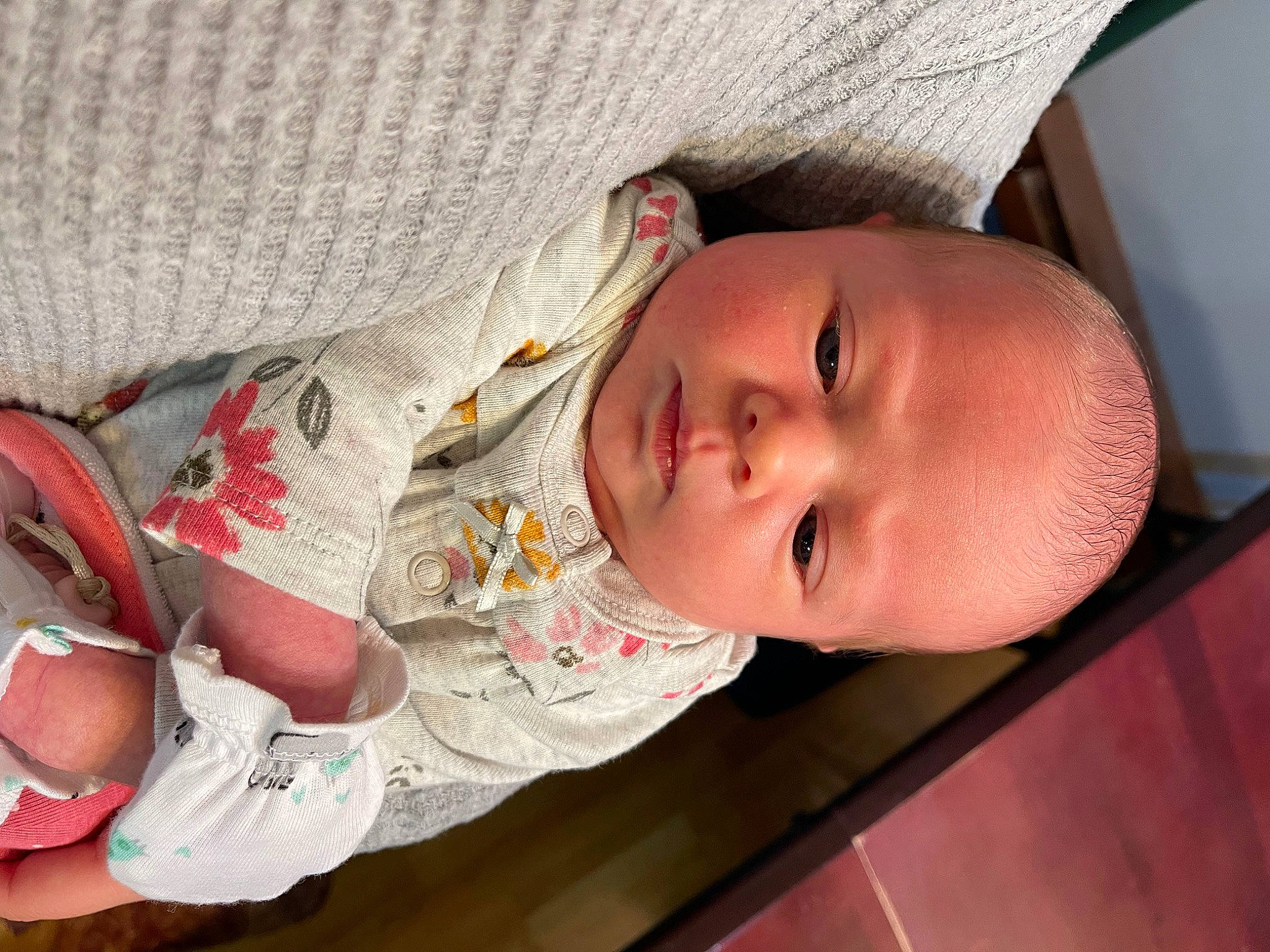 Kinley joined the competition — help win amazing prizes! baby, baby_products, baby_safety, baby_toddler_clothing, cheek, child, comfort, eye, eyelash, face, linens, lip, nose, pattern, person, pink, room, skin, smile, toddler