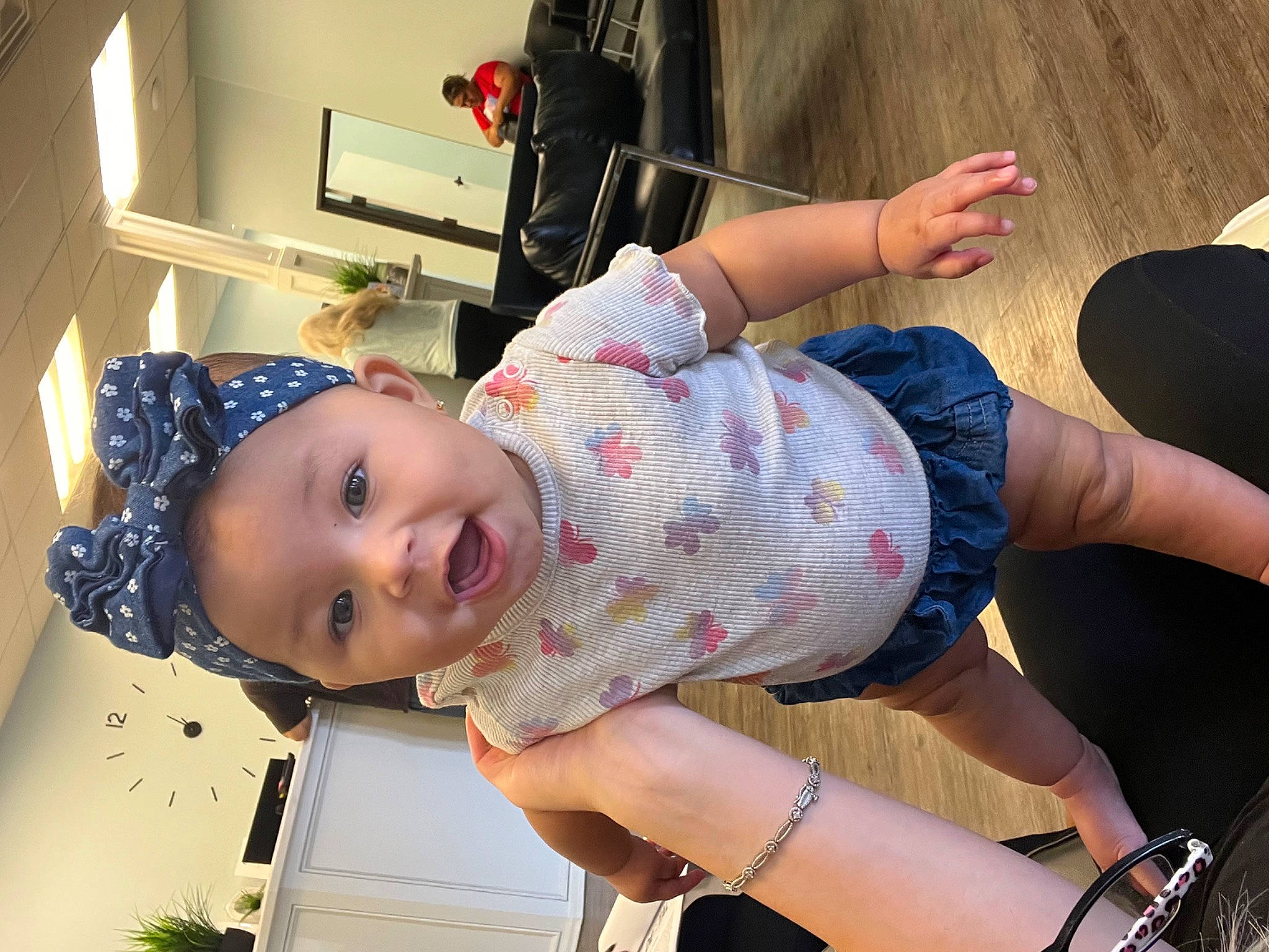 Saylor is registered to the contest to win money with this photo: baby, baby_toddler_clothing, comfort, elbow, foot, fun, happy, hat, headwear, human_leg, knee, lap, pattern, person, plaid, smile, tartan, thigh, toddler, trunk