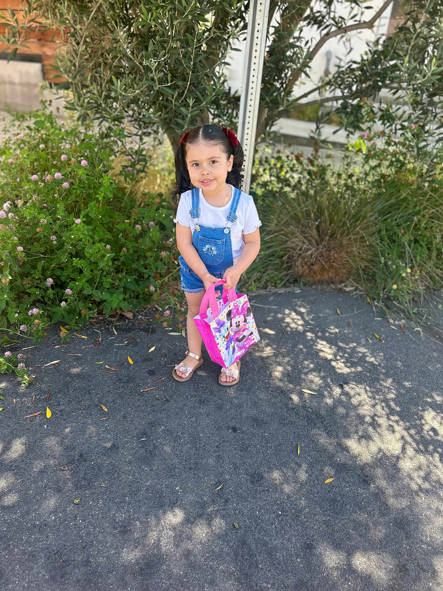 Jmilah joined the competition — help win amazing prizes! child, girl, pigtails, standing, sidewalk, bag, pink, minnie_mouse, flowers, greenery, plants, sunlight, shadows, outdoor, casual_clothing, denim_overalls, white_tshirt, sandals, cute, smiling