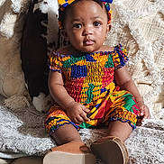 Emersyn joined the competition — help win amazing prizes! baby, blanket, bow, child, colorful_clothing, couch, cozy, curly_hair, cute, expression, footwear, headband, home, indoor, leather_sofa, person, pillow, portrait, sitting, toddler