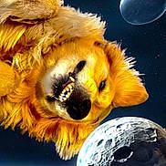 Doc joined the competition — help win amazing prizes! dog, golden_dog, space, moon, stars, cosmic, floating, animal, fur, planet, night_sky, astronaut, celestial, upside_down, smiling, canine, adventure, outer_space, lunar_surface, mischievous