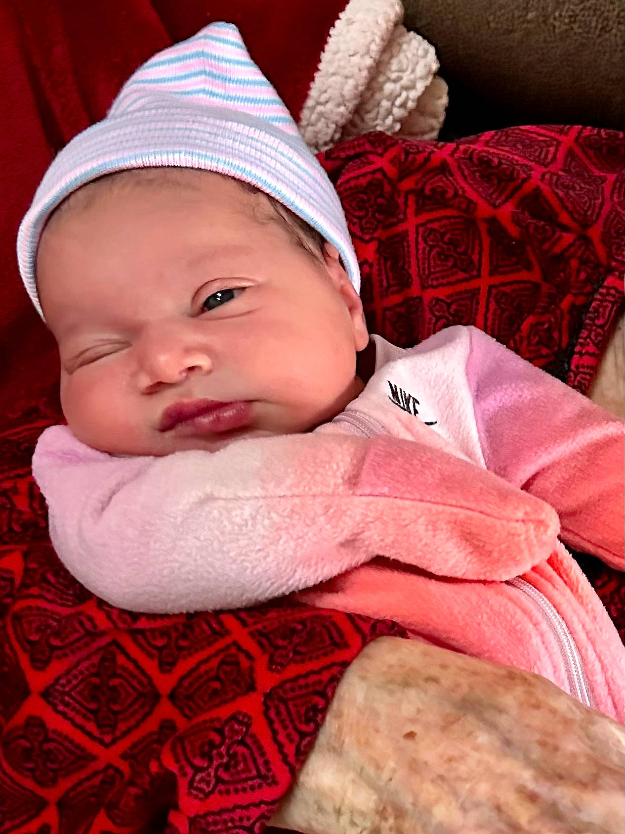 Annali joined the competition — help win amazing prizes! baby, baby_products, baby_sleeping, baby_toddler_clothing, cap, cheek, child, chin, comfort, happy, headwear, knit_cap, linens, lip, magenta, mouth, person, pink, skin, textile