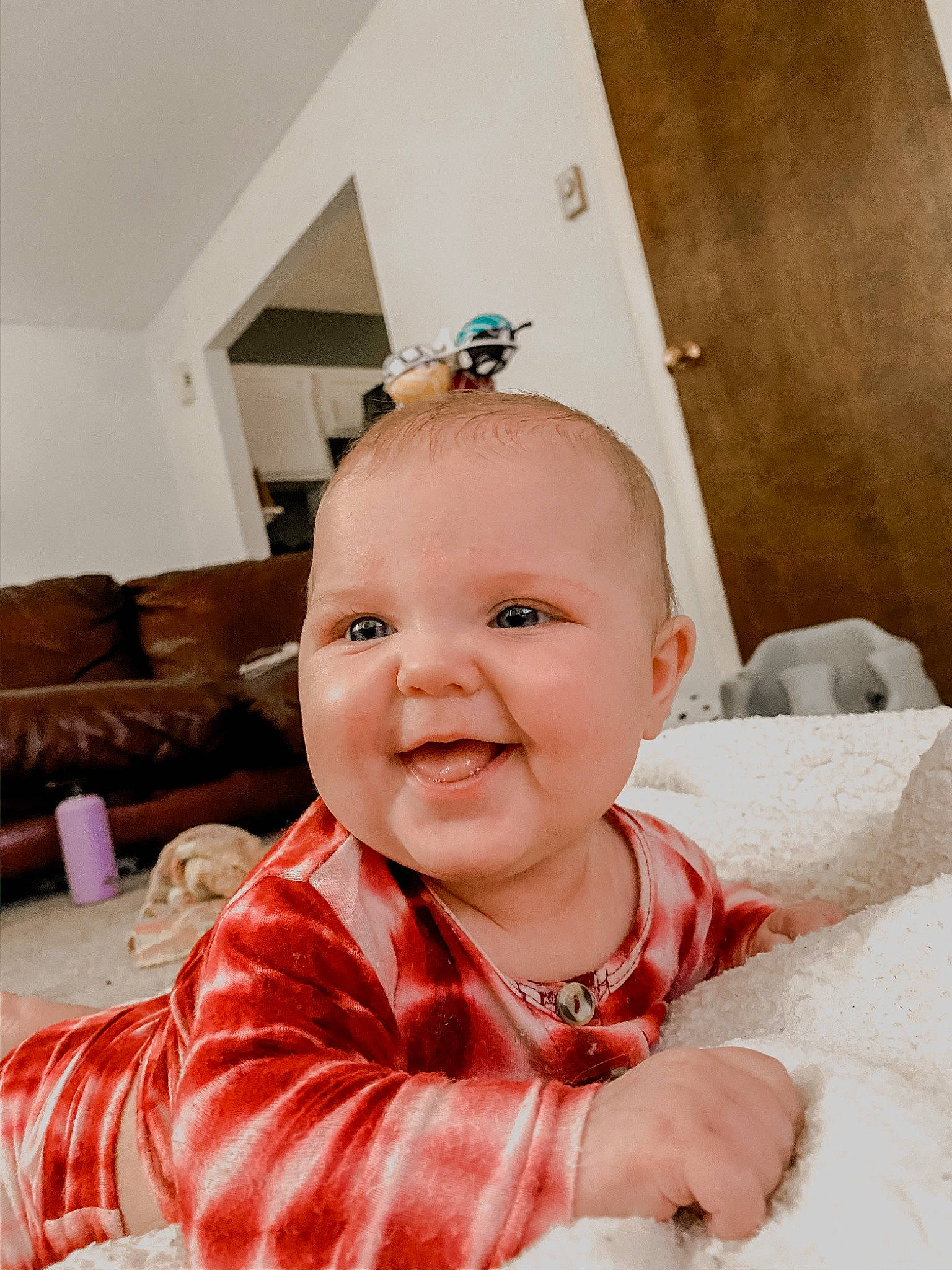 Scottie joined the competition — help win amazing prizes! baby, cheek, child, eye, face, finger, head, joy, nose, person, pink, room, sitting, skin, smile, toddler