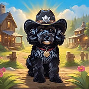 Bellarose joined the competition — help win amazing prizes! animal, bandana, black_dog, calm, countryside, cowboy_hat, cute, dog, flowers, furry, nature, outdoor, path, pet, portrait, rustic_house, scenic, sheriff_badge, sunlight, vintage_style