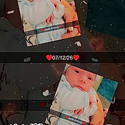 Jacob is registered to the contest to win money with this photo: baby, infant, child, portrait, face, serious_expression, lying_down, white_clothing, blanket, collage, duplicate_image, heart_stickers, sparkles, love_text, date_text, social_media_edit, indoor, close_up, photograph, decorative_background