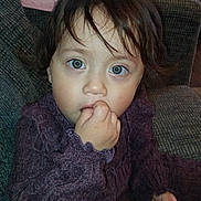 Victoria is registered to the contest to win money with this photo: toddler, child, blue_eyes, brown_hair, couch, snack, cookie, hand, face, sweater, long_sleeve, indoor, portrait, curious, seated, close_up, fingers, looking_at_camera, young_child, cozy