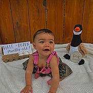 Kya joined the competition — help win amazing prizes! baby, child, crawling, pink_overalls, camo_skirt, white_blanket, wooden_fence, egg_carton, eggs, sign, plush_duck, milestone, six_months, half_dozen, cute, smiling, indoors, portrait, celebration, infant
