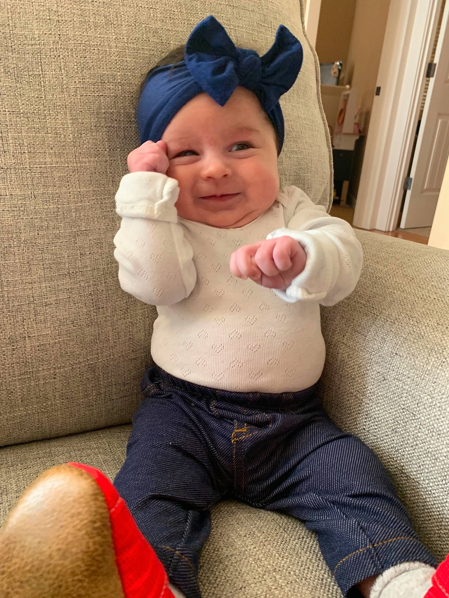 Kinsley joined the competition — help win amazing prizes! abdomen, arm, baby, cheek, child, ear, finger, hand, happy, headwear, jeans, joint, leg, neck, person, sitting, skin, smile, thumb, toddler