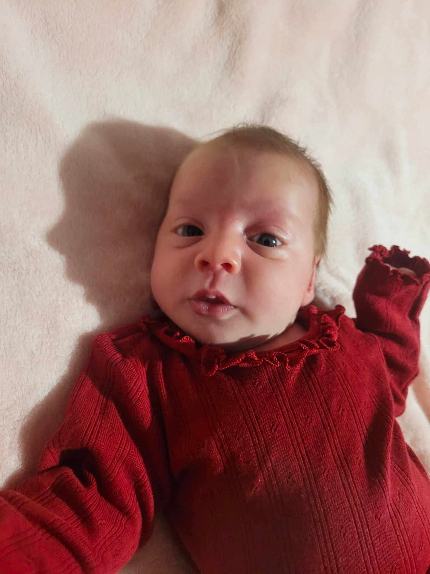 Alexandra a rejoint le concours — aidez-le/la à gagner de superbes lots ! baby, infant, red_clothing, blanket, laying_down, face, portrait, newborn, cute, child, soft_texture, indoor, skin, head, expression, young, person, sleepwear, warm, cozy