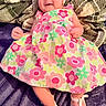 baby, infant, child, portrait, smiling, happy, dress, floral_dress, headband, bow, sandals, blanket, cozy, indoor, lying_down, fashion, colorful, cute, face, feet