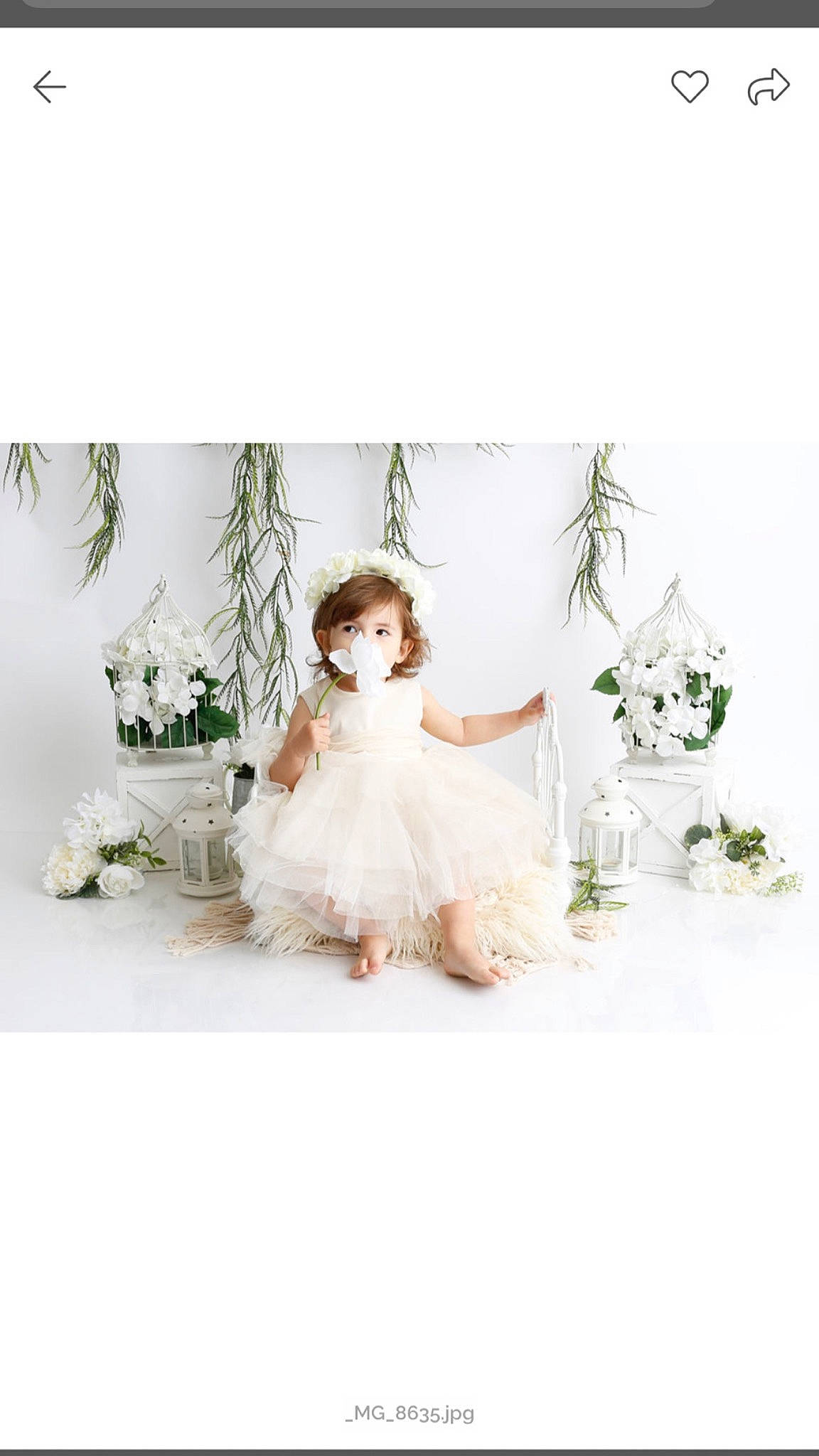 Naya is registered to the contest to win money with this photo: a_line, bridal_party_dress, child, clothing, costume, dress, flower, gown, hair_accessory, headpiece, person, petal, photography, plant, sitting, toddler, wedding_dress, white