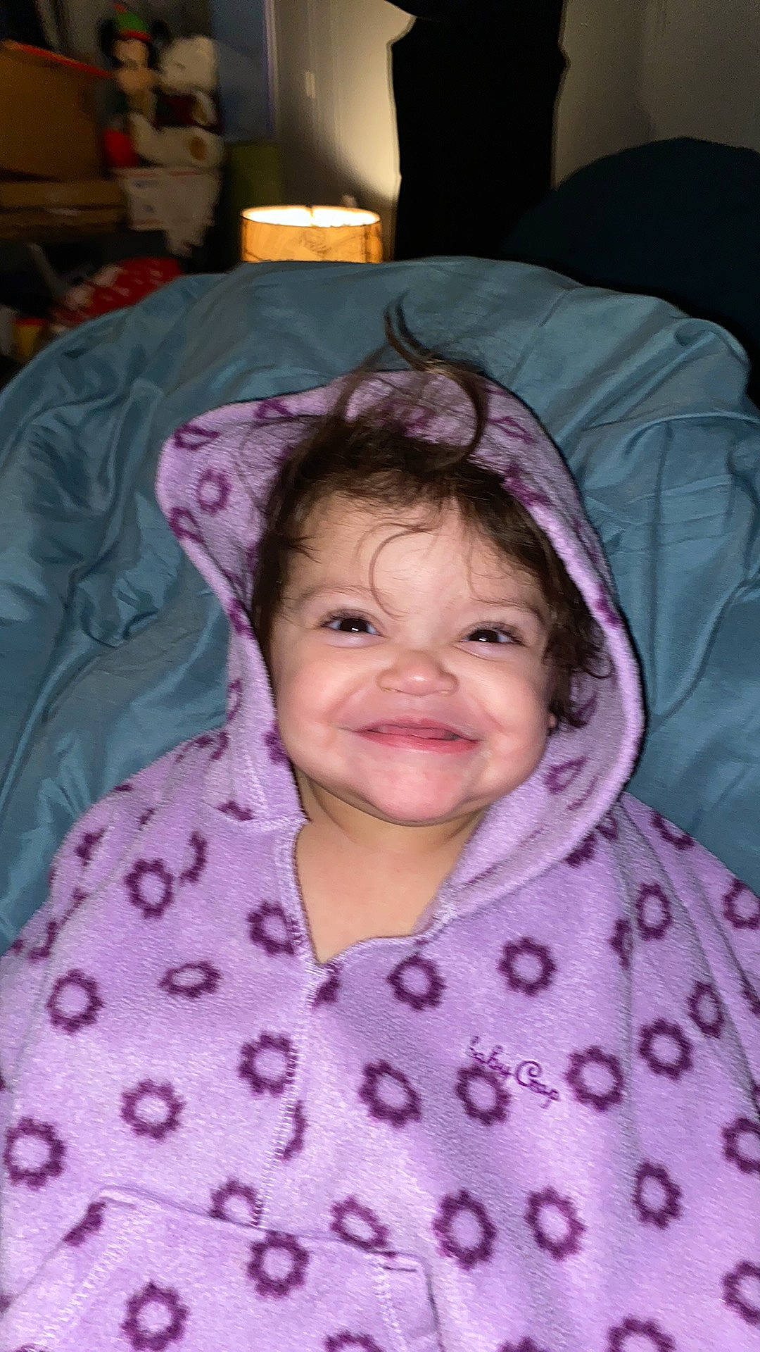 Azalea is registered to the contest to win money with this photo: baby, baby_toddler_clothing, cheek, chin, comfort, eye, eyebrow, face, happy, head, iris, joy, lip, mouth, nose, person, pink, purple, skin, sleeve