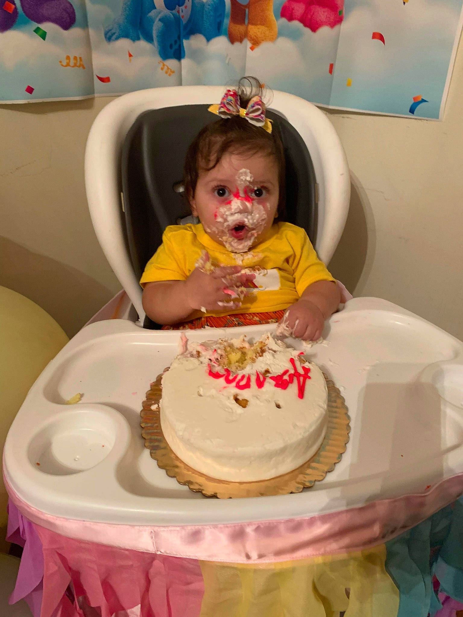 Azalea is registered to the contest to win money with this photo: baby, baked_goods, birthday_cake, birthday_party, buttercream, cake, cake_decorating, cake_decorating_supply, cuisine, dessert, event, food, happy, person, pink, smile, sugar_cake, table, tableware, toddler