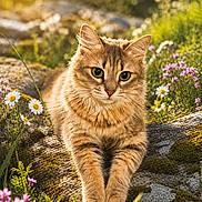 Athéna a rejoint le concours — aidez-le/la à gagner de superbes lots ! cat, tabby_cat, fluffy, moss, rock, wildflowers, daisy, purple_flowers, greenery, outdoor, nature, sunlight, golden_hour, closeup, animal, pet, relaxed, cute, feline, beautiful