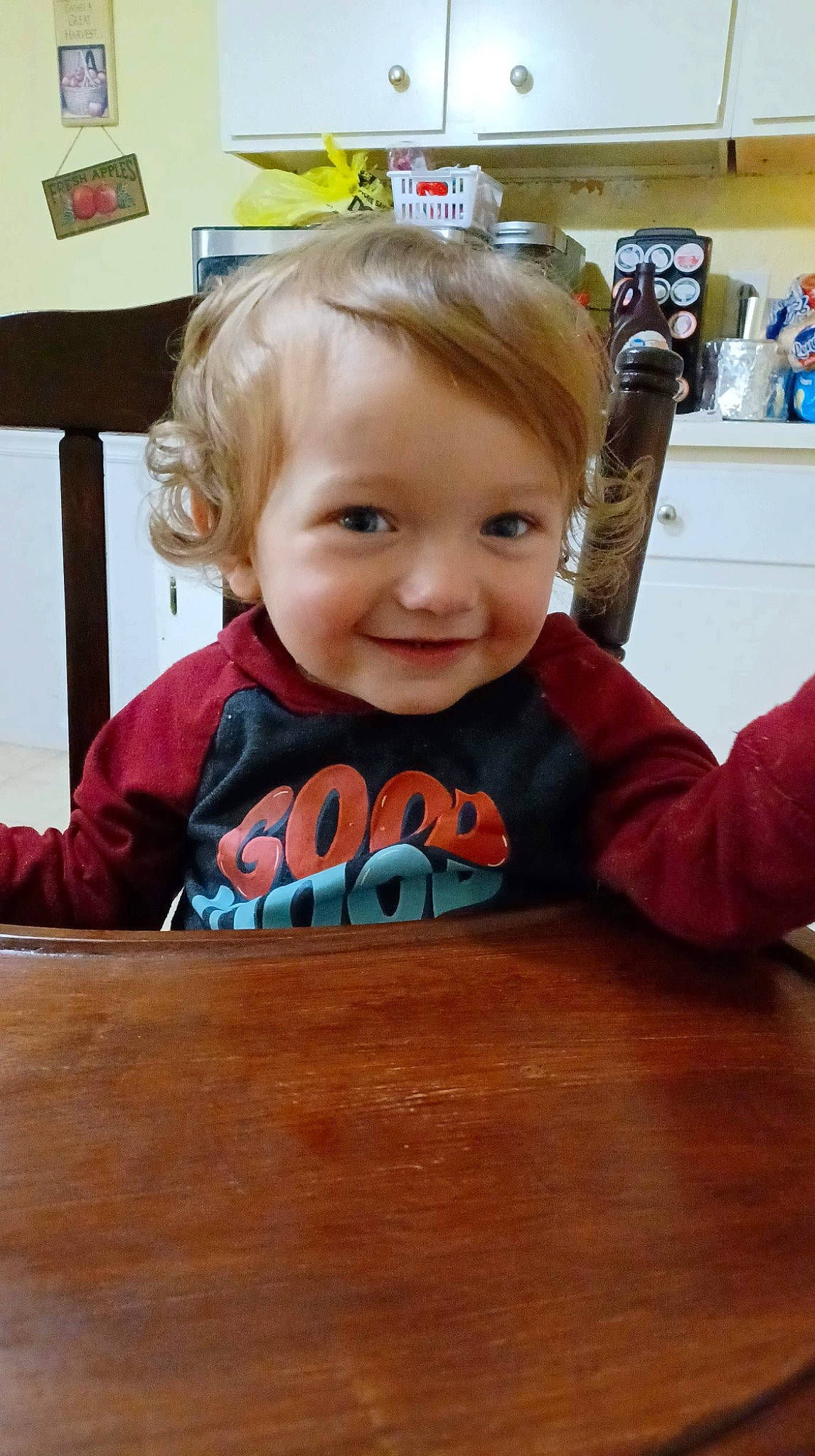 Billy joined the competition — help win amazing prizes! baby, baby_toddler_clothing, chair, cheek, child, facial_expression, floor, flooring, fun, happy, hardwood, joy, person, skin, sleeve, smile, standing, t_shirt, table, toddler