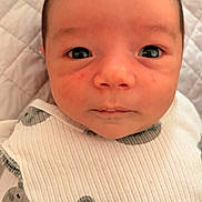 David is registered to the contest to win money with this photo: baby, blanket, child, close_up, clothing, cute, expression, face, head, indoors, infant, laying, newborn, pattern, portrait, quilted, skin, soft, teddy_bear, young