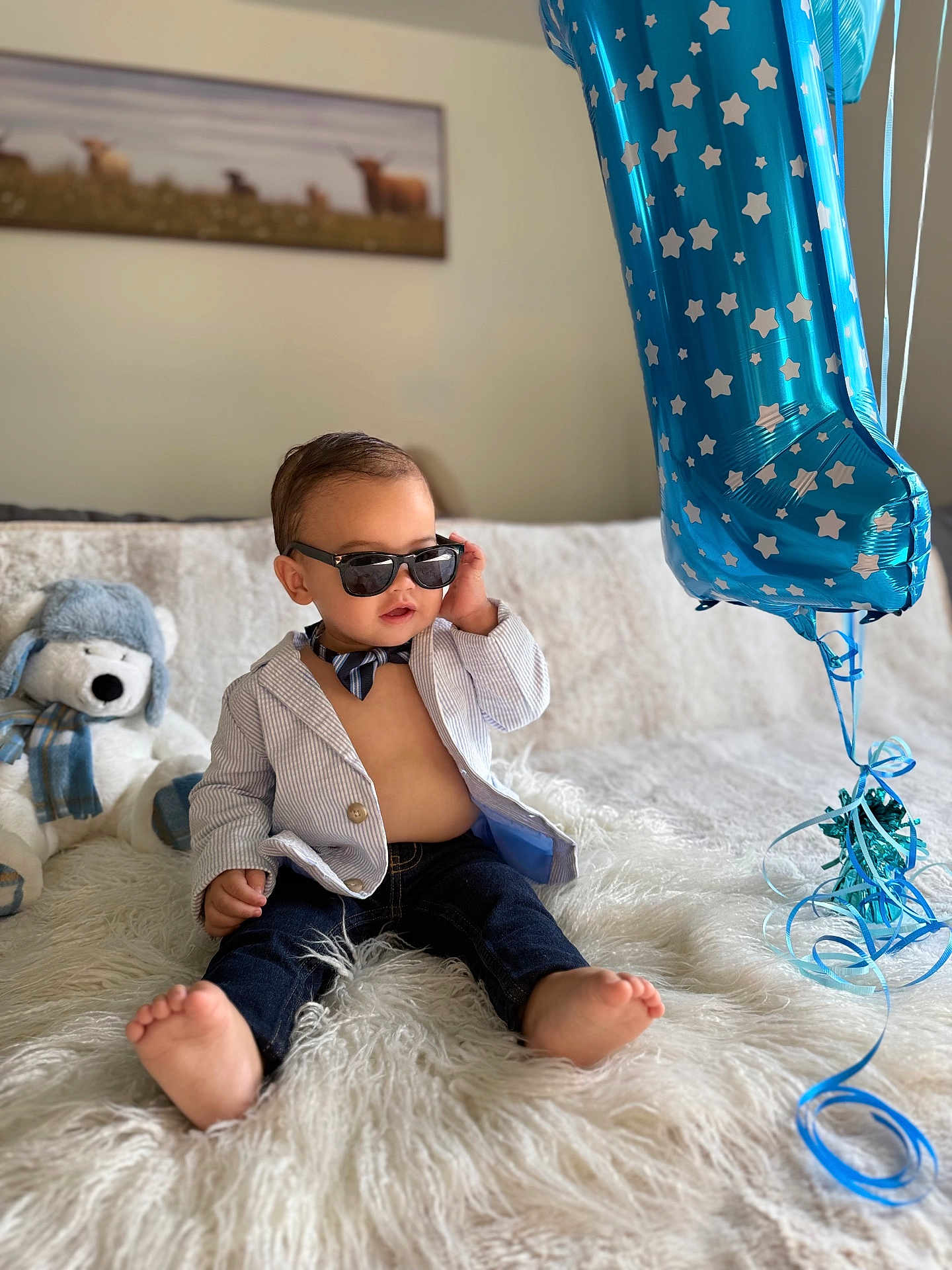 Dave joined the competition — help win amazing prizes! baby, child, sunglasses, blazer, bow_tie, balloon, number_one, teddy_bear, blanket, indoor, cute, fashion, portrait, smiling, feet, furniture, happy, person, decor, casual
