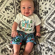 Daniel joined the competition — help win amazing prizes! baby, child, infant, smile, happy, clothing, shirt, shorts, patterned_blanket, sitting, feet, face, blue_shorts, white_shirt, cute, portrait, indoors, person, bright_eyes, joy