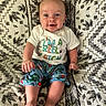 baby, child, infant, smile, happy, clothing, shirt, shorts, patterned_blanket, sitting, feet, face, blue_shorts, white_shirt, cute, portrait, indoors, person, bright_eyes, joy