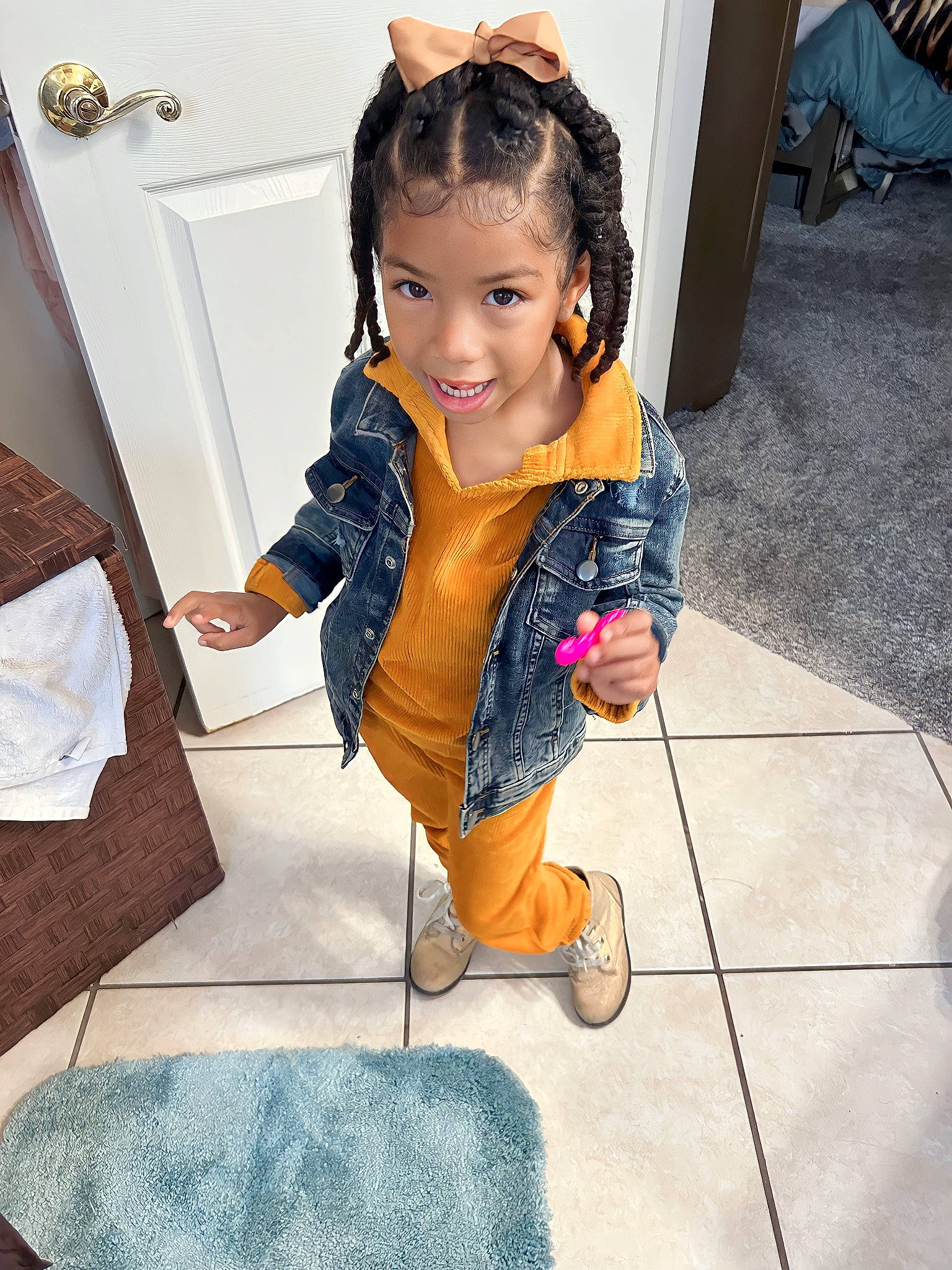 Lee'Ara joined the competition — help win amazing prizes! baby_toddler_clothing, bag, child, fashion_accessory, floor, flooring, fun, fur, hairstyle, happy, jacket, joy, leisure, luggage_and_bags, pattern, person, pillow, play, sitting, sleeve