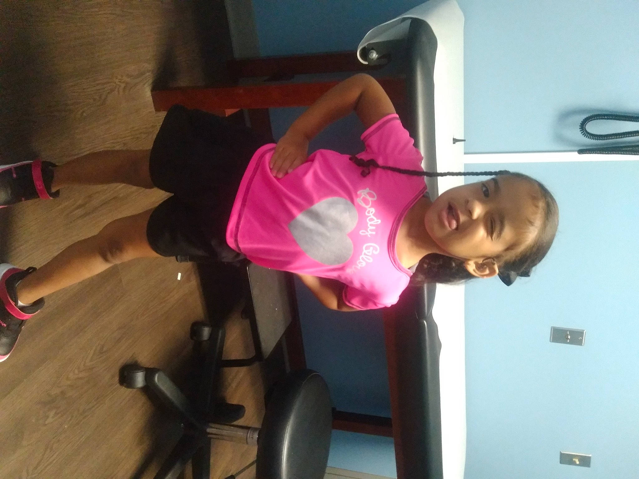 Kaleeah joined the competition — help win amazing prizes! balance, chest, elbow, exercise_machine, fun, hairstyle, human_leg, joint, knee, leg, magenta, muscle, person, physical_fitness, shoe, shorts, shoulder, smile, sneakers, sportswear