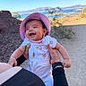 baby, child, smiling, hat, outdoor, desert, lake, sunhat, happy, person, nature, blue_sky, teddy_bear_print, holding_hands, rocky_ground, landscape, daylight, casual_clothing, young_child, scenic_view