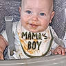 Colter is registered to the contest to win money with this photo: baby, high_chair, bib, messy, food, smiling, blue_eyes, face, child, feeding, infant, cute, happy, clothing, mess, mouth, hand, seat, indoor, portrait
