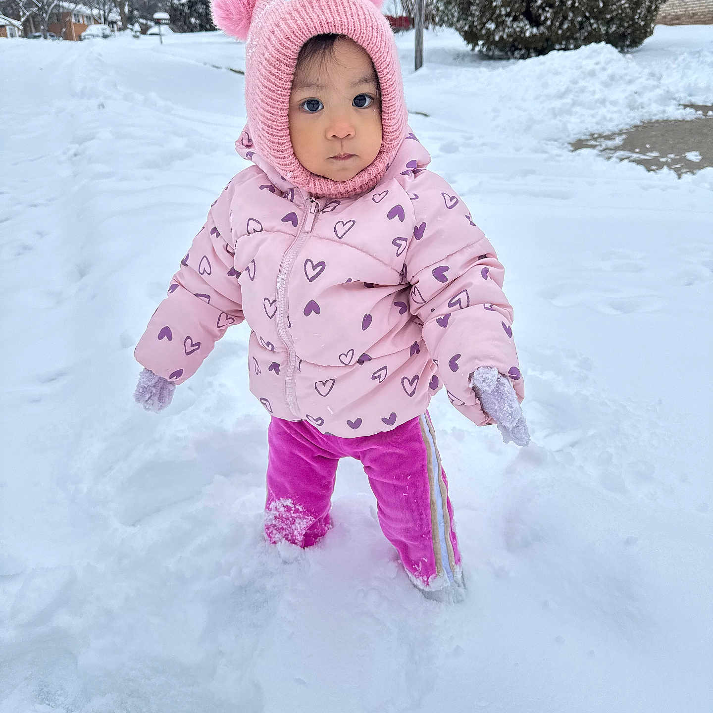 Athena joined the competition — help win amazing prizes! baby, bonnet, cap, clothing, coat, face, glove, hat, head, hood, hoodie, ice, jacket, nature, outdoors, person, photography, portrait, snow, winter