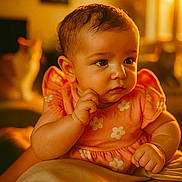 Elena a rejoint le concours — aidez-le/la à gagner de superbes lots ! animal, baby, background, cat, child, close_up, cozy, curly_hair, cute, expression, flower_pattern, hand, indoors, infant, orange_dress, pet, portrait, skin, soft_focus, warm_light