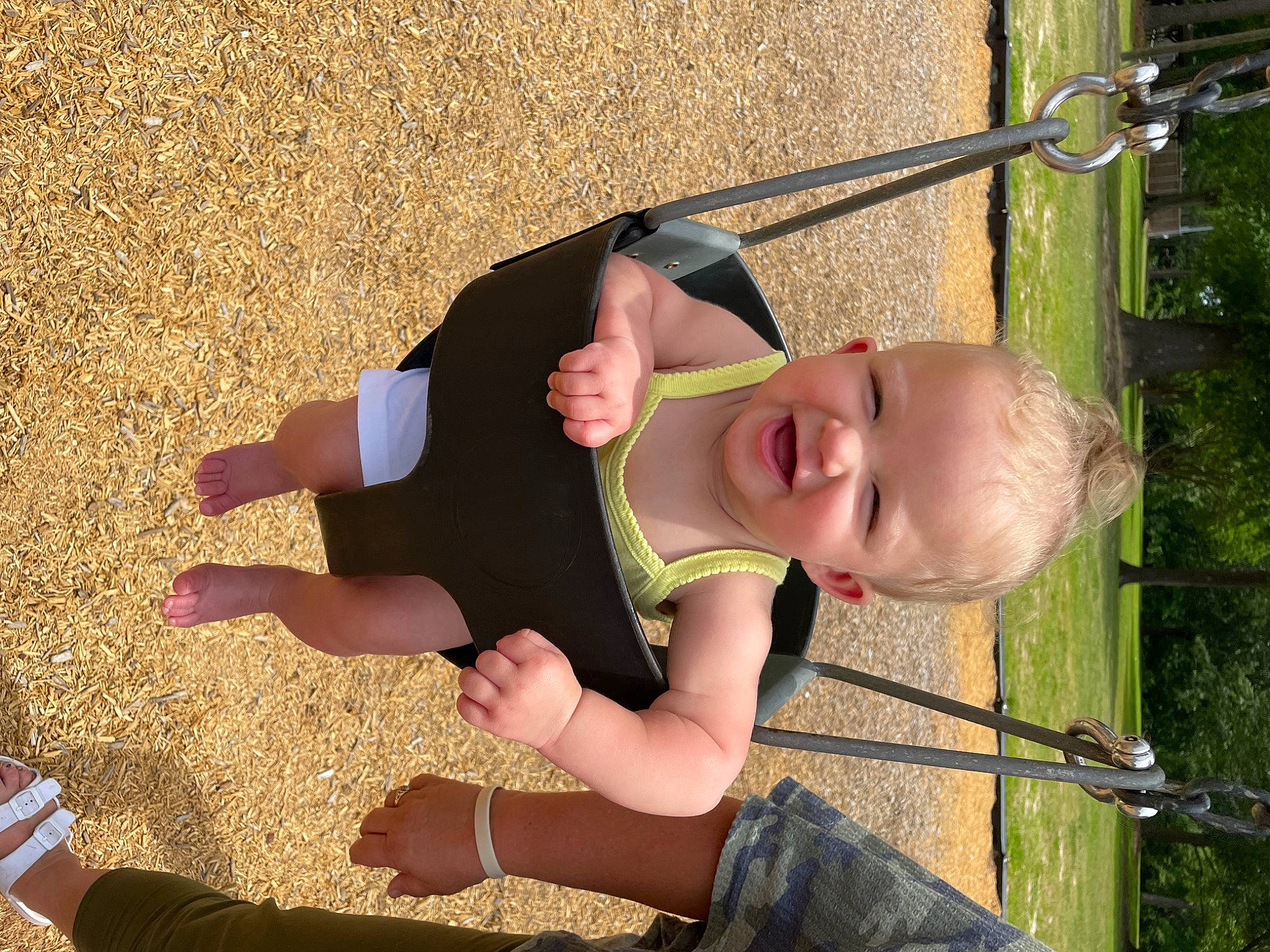 Andi joined the competition — help win amazing prizes! arm, baby, baby_toddler_clothing, child, finger, fun, grass, hand, happy, leisure, mouth, people_in_nature, person, recreation, smile, swing, thumb, toddler, tree, water
