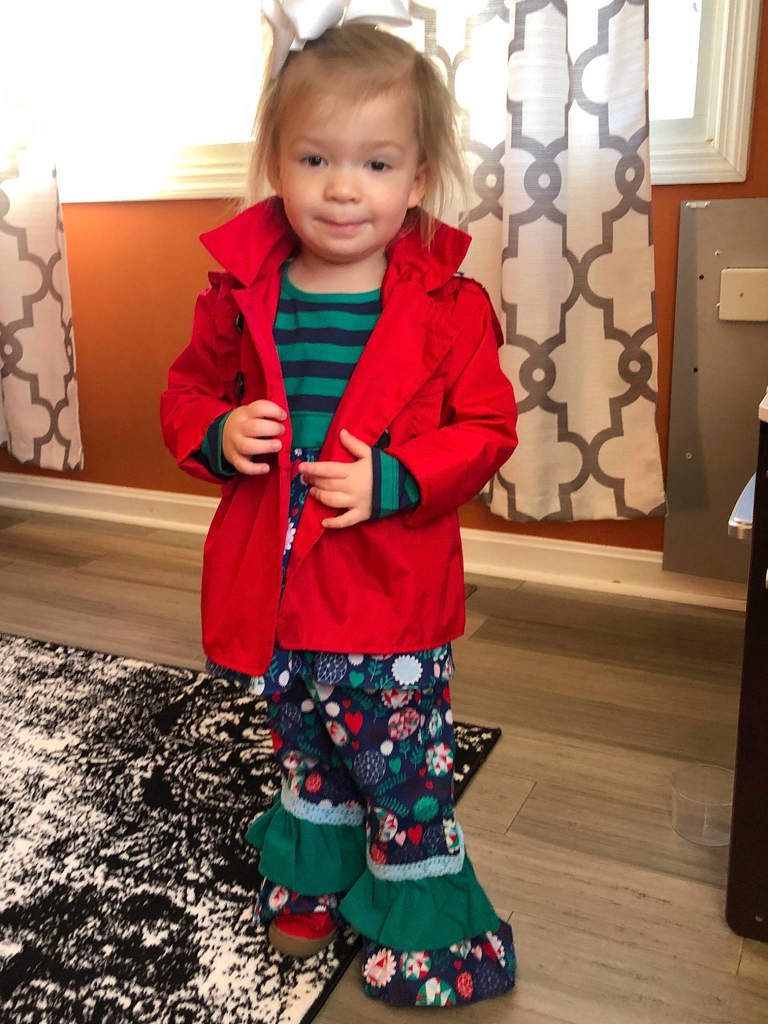 Collins joined the competition — help win amazing prizes! child, christmas, day, girl, holiday, outerwear, pattern, person, play, standing, textile, toddler