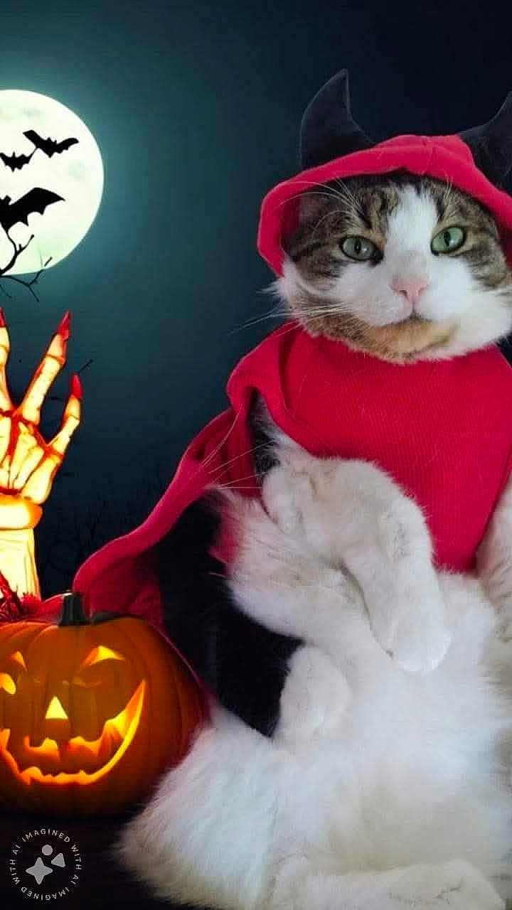 Juju joined the competition — help win amazing prizes! cat, halloween, costume, devil, red_clothing, pumpkin, jack_o_lantern, full_moon, bats, skeleton_hand, night, spooky, green_eyes, animal, pet, black_and_white_cat, holiday, decoration, funny, portrait