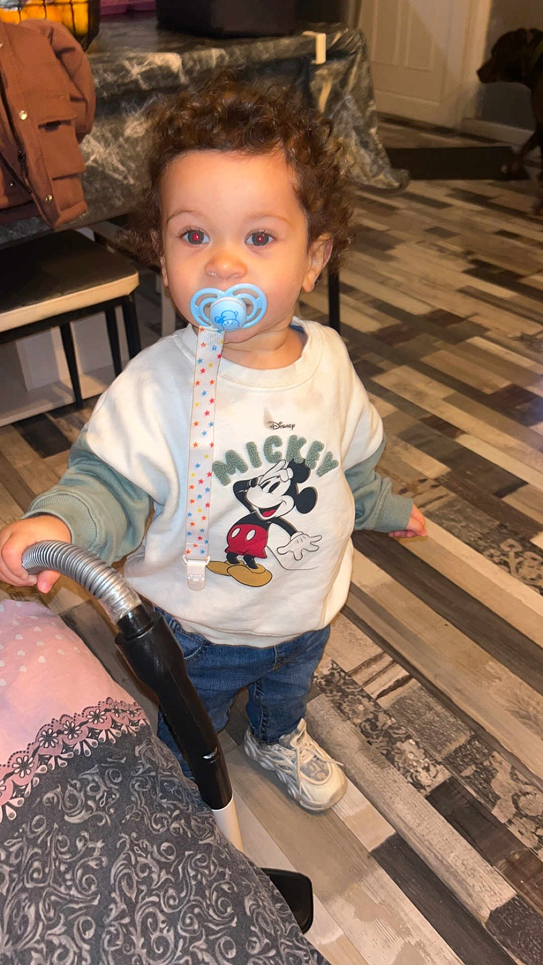 Paolo Greco participe au concours pour gagner de l'argent avec cette photo : toddler, child, pacifier, curly_hair, mickey_mouse, sweatshirt, blue_jeans, white_sneakers, vacuum_cleaner, indoor, flooring, patterned_floor, hand, face, person, home, furniture, jacket, dog, toy