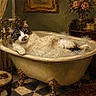 antique, bathroom, bathtub, brush, bubbles, cat, checkered_floor, clawfoot_tub, curtains, decor, flowers, glass_bottle, golden_lighting, painting, relaxing, rug, towel, vase, vintage, wooden_furniture