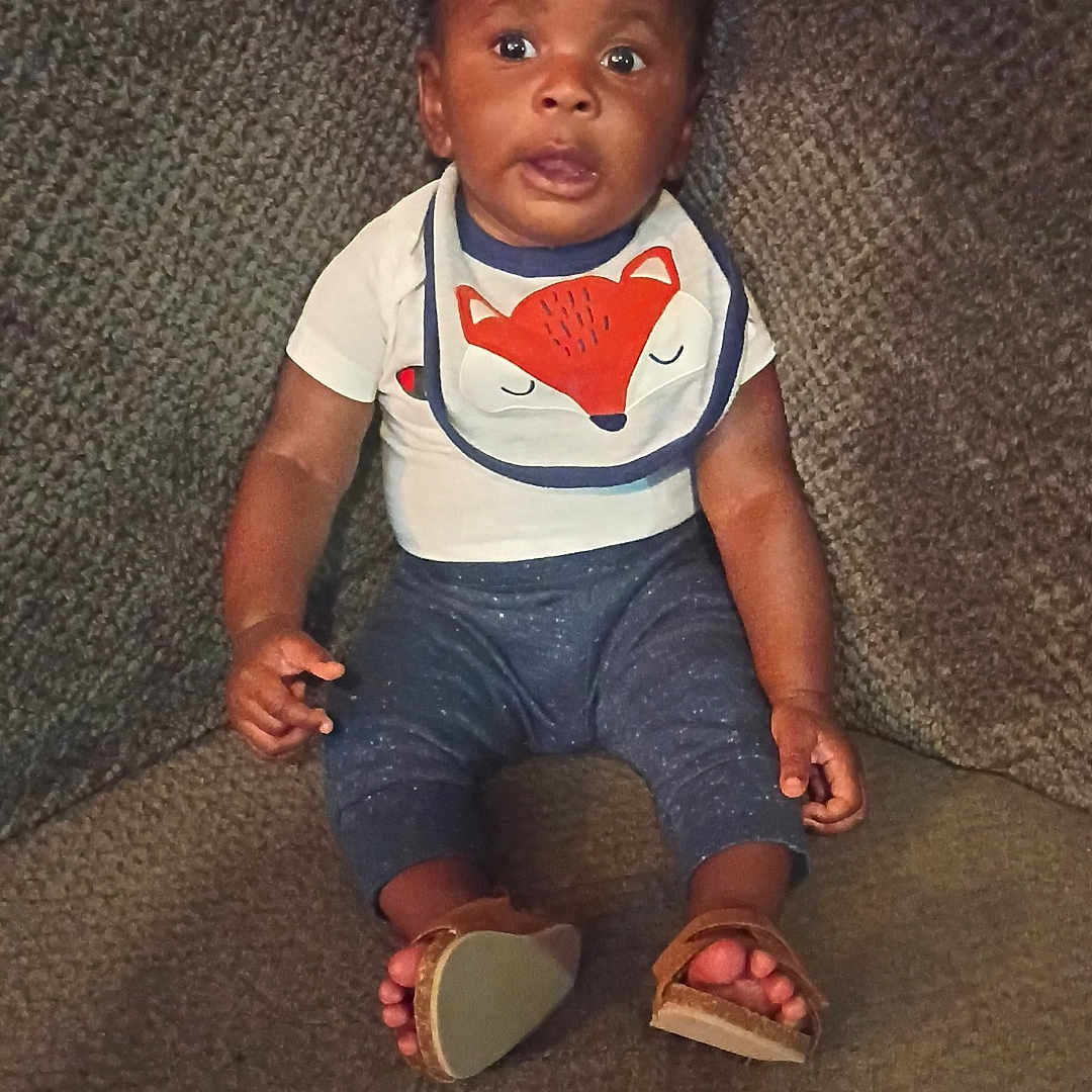 Nolan is registered to the contest to win money with this photo: baby, child, infant, sitting, couch, bib, fox_design, sandals, clothing, face, eyes, expression, indoors, texture, footwear, person, young_child, cute, looking, portrait