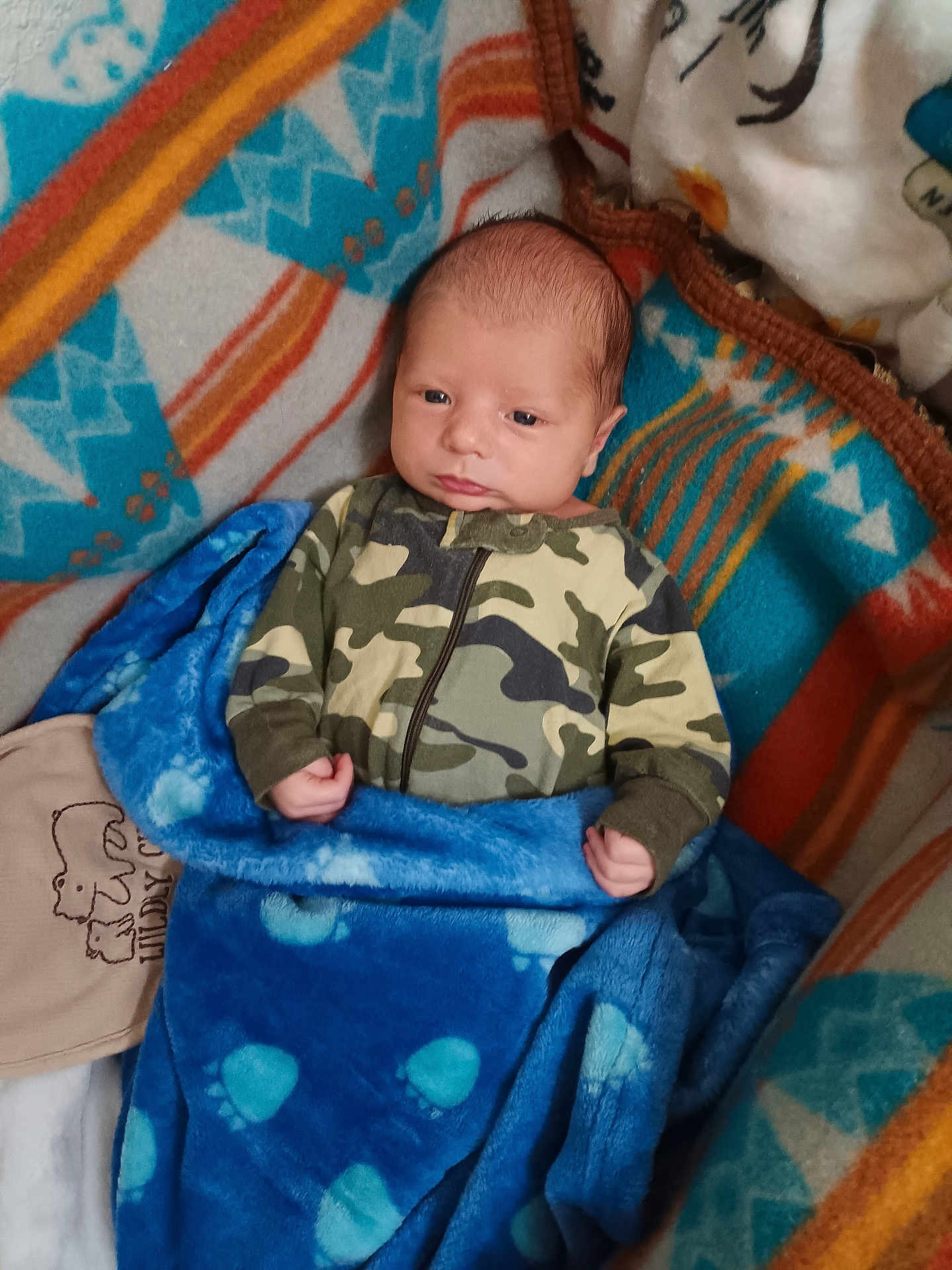 Theon is registered to the contest to win money with this photo: baby, infant, blanket, camouflage, clothing, fleece, pattern, paw_prints, person, newborn, cozy, lying_down, cute, warm, indoor, child, portrait, small_hands, sleepwear, soft